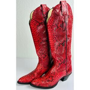 Vintage Larry Mahan Women's Red Python Snakeskin Cowboy Boots USA Exotic Western